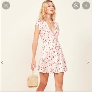 Reformation Cotton Red and White Micro Floral Wrap Mini Dress